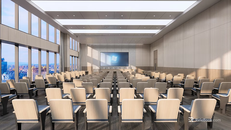 Modern Conference Room Interior Design With Large Projection Screen Rows Of Chairs And City View Windows 3d model 
