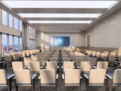 Modern Conference Room Interior Design With Large Projection Screen Rows Of Chairs And City View Windows 3d model