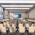 Modern Conference Room Interior Design With Large Projection Screen Rows Of Chairs And City View Windows