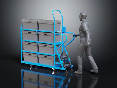 Blue Multi Layer Trolley With Gray Bins Being Pushed By Worker 3d model