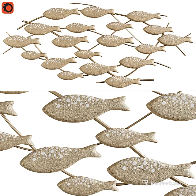 Decorative Golden Fish Shaped Wall Decor With Dotted Surface And Cluster Arrangement 3d model 