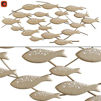 Decorative Golden Fish Shaped Wall Decor With Dotted Surface And Cluster Arrangement 3d model