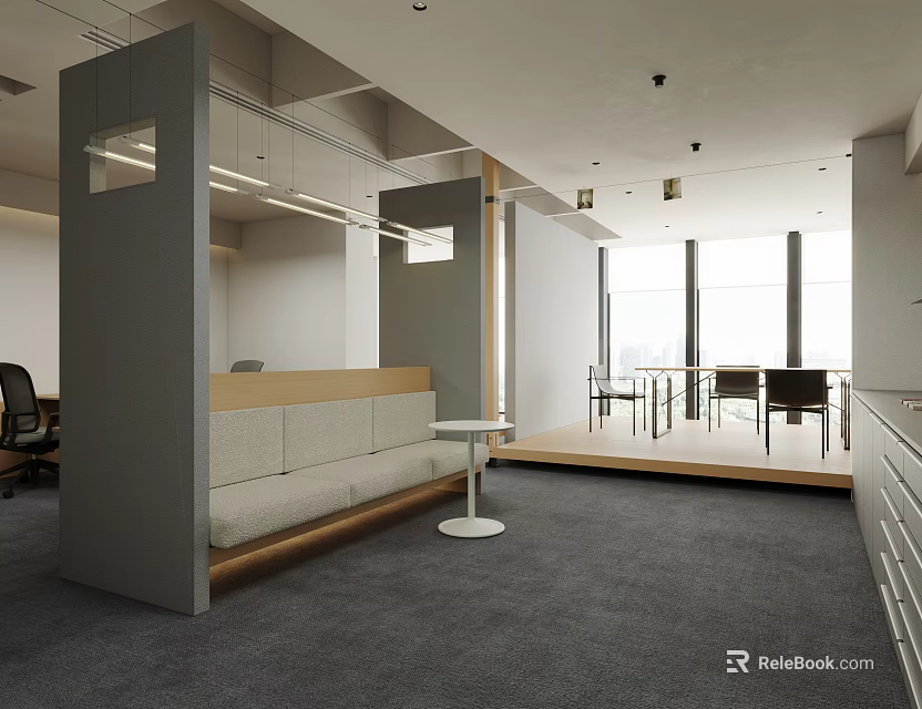 Modern Office Reception Area With Sofa Seating Open Space And Large Windows 3d model