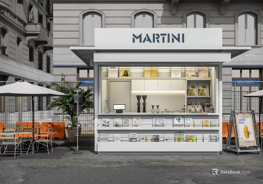 Martini Kiosk Exterior Featuring Outdoor Seating Orange Chairs And Product Displays 3d model 