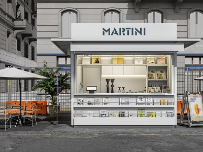 Martini Kiosk Exterior Featuring Outdoor Seating Orange Chairs And Product Displays 3d model