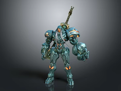 Game Movie Character Mechanical Warrior 3D Model with Armored Body Sword and Orange Glowing Accents 3d model