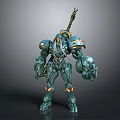 Game Movie Character Mechanical Warrior 3D Model with Armored Body Sword and Orange Glowing Accents