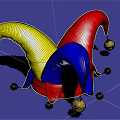Colorful Jester Hat with Blue Yellow Red Sections and Gold Bells on Blue Background