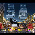 Illuminated Night View of Urban Plaza with Tall Buildings Giant Panda Christmas Trees and Gifts