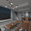 Modern Living Dining Room Interior With Blue Wall Brown Leather Sofa And Wooden Furniture
