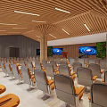 Modern Conference Room With Wooden Ceiling Central Pillar Orange Arranged Seats Podium And Large Screen