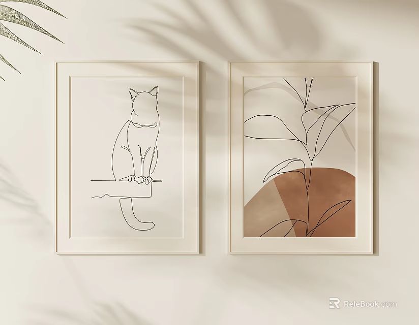 Framed Line Art Prints Of Cat And Plant On Beige Wall With Leaf Shadows 3d model 