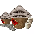 Traditional Agricultural Storage Containers With Thatched Roofs Red Feng Symbols Stones And White Balls