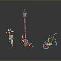 Colorful Vintage Bicycles Parked Near Classic Street Lamp In Dark Setting