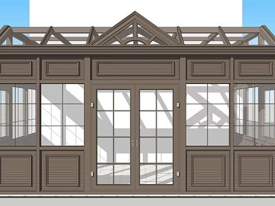 Wooden Porch Structure With Glass Windows Central Double Doors And Triangular Roof Rafters 3d model