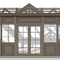 Wooden Porch Structure With Glass Windows Central Double Doors And Triangular Roof Rafters