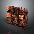 Modern Computer Cooling Components Featuring Multiple Gears Orange Glowing Tubes And Metal Frame