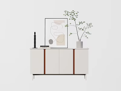 Modern White Shoe Cabinet With Brown Accent Strips Metal Legs And Abstract Painting 3d model