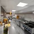 Restaurant Commercial Kitchen Featuring Stainless Steel Worktables Mixer Bamboo Steamers Range Hood And Tile Walls