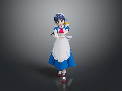 Anime Game Character In Blue Maid Dress With White Apron And Outstretched Hands 3d model