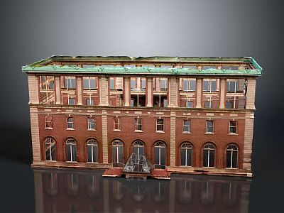 Historic Red Brick Building Scenery With Green Roof Arched Windows And Steps 3d model