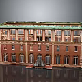 Historic Red Brick Building Scenery With Green Roof Arched Windows And Steps