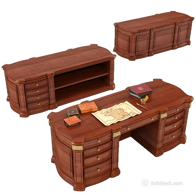 Wooden Office Desk With Drawers Map Books And Small Boxes In Classic Style 3d model 