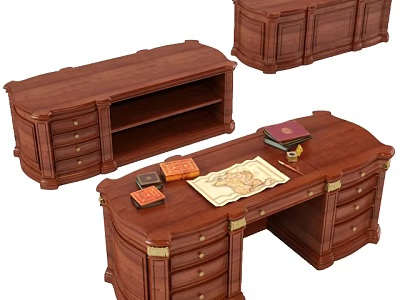 Wooden Office Desk With Drawers Map Books And Small Boxes In Classic Style 3d model