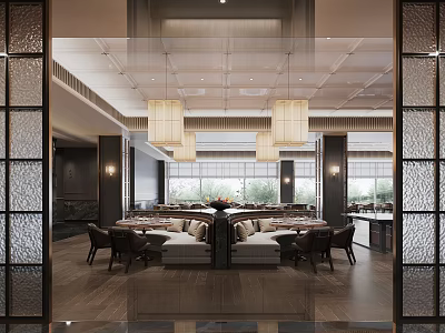Elegant Modern Chinese Restaurant Interior With Hanging Lamps Sofa Seats And Wooden Floors 3d model