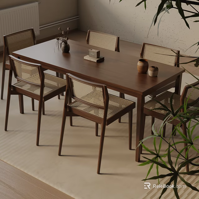 Natural Wooden Dining Table Set With Rattan Back Chairs And Potted Plants 3d model 