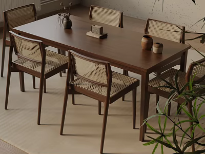 Natural Wooden Dining Table Set With Rattan Back Chairs And Potted Plants 3d model