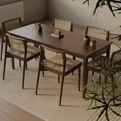 Natural Wooden Dining Table Set With Rattan Back Chairs And Potted Plants 3d model