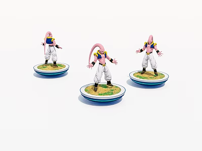 Three Pink Character Figurines Standing on Circular Bases with Colorful Platforms 3d model