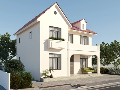 Detached Villa With White Exterior Red Roof Balcony And Front Garden Plants 3d model