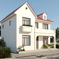 Detached Villa With White Exterior Red Roof Balcony And Front Garden Plants