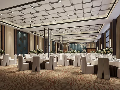 Elegant Banquet Hall With Round Tables White Chairs Floral Centerpieces Modern Lighting And Patterned Carpet 3d model