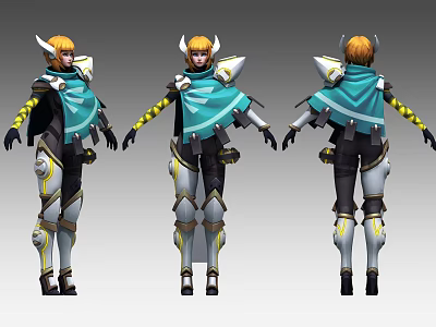 3D Game Movie Character With Orange Hair Horned Helmet Blue Cape White Gold Armor 3d model