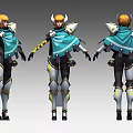 3D Game Movie Character With Orange Hair Horned Helmet Blue Cape White Gold Armor