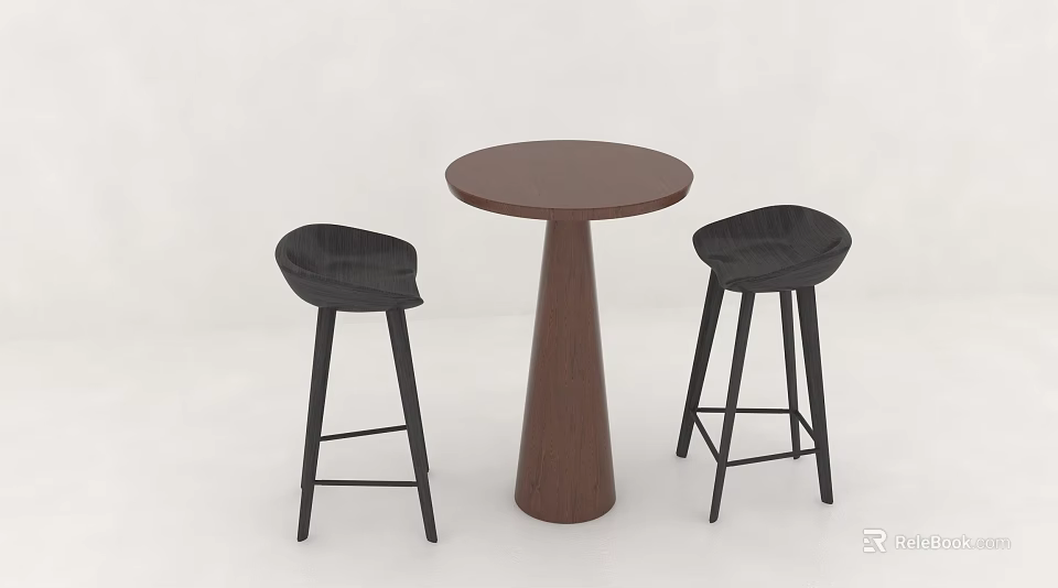 Round Wooden Bar Table With Two Black High Stools And Conical Leg Design 3d model 