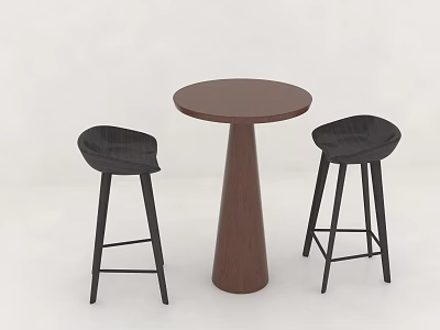 Round Wooden Bar Table With Two Black High Stools And Conical Leg Design 3d model