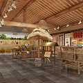 Traditional Rustic Farmhouse Restaurant Interior With Wooden Ceiling Thatched Roof And Straw Grain Decor