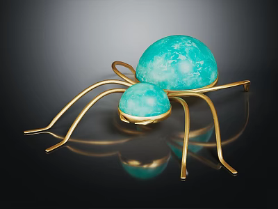 Spider Sculpture With Golden Legs And Turquoise Spheres On Black Background 3d model