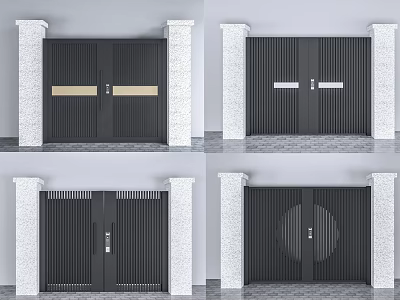 Modern Black Double Door Entrance Gate With White Pillars And Decorative Patterns 3d model
