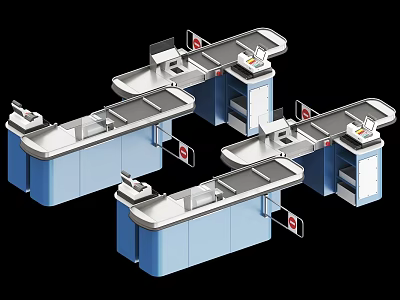 Modern Commercial Equipment Retail Checkout Counters With Blue Stations And Multiple Workstations 3d model