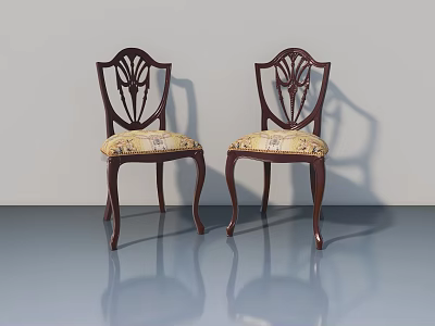 Two Elegant Dark Wooden Chairs With Carved Patterns And Floral Fabric Seats 3d model