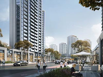 Modern High-Rise Residential Building with Surrounding Street Pedestrians Vehicles Shops and Trees 3d model