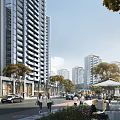 Modern High-Rise Residential Building with Surrounding Street Pedestrians Vehicles Shops and Trees
