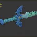 Blue Fantasy Sword With Green Wrapped Hilt And Ornate Flame Patterns