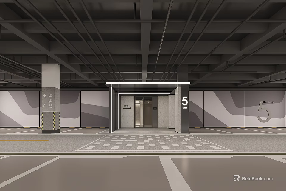 Modern Parking Garage Elevator Entrance Number 5 With Geometric Wall Design And Floor Markings 3d model 