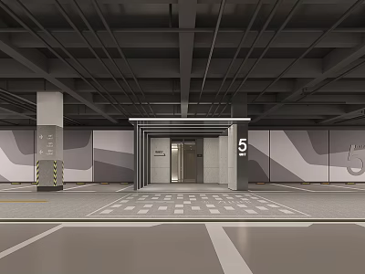 Modern Parking Garage Elevator Entrance Number 5 With Geometric Wall Design And Floor Markings 3d model